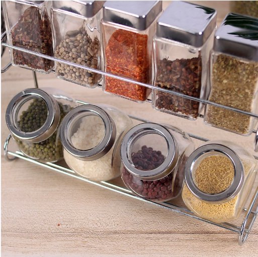 10PCS Glass Spice Jars Set with Stainless Steel Lid and Metal Rack Spice Shaker