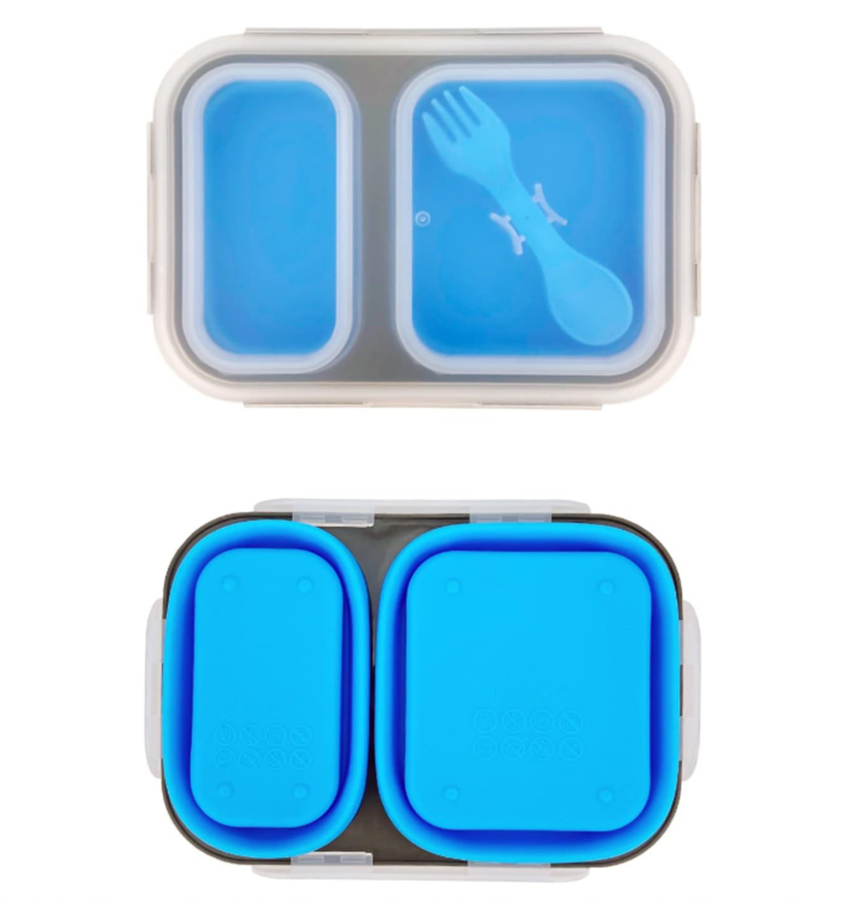 2 Compartments Collapsible Silicone Lunch Box with 2 in 1 Spoon & Fork