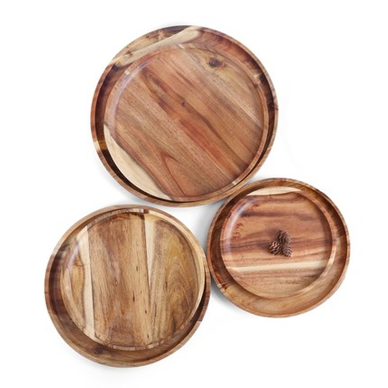 Natural Acacia Wood Dinner Plates Round Serving Tray for Dessert Salad Charcuterie