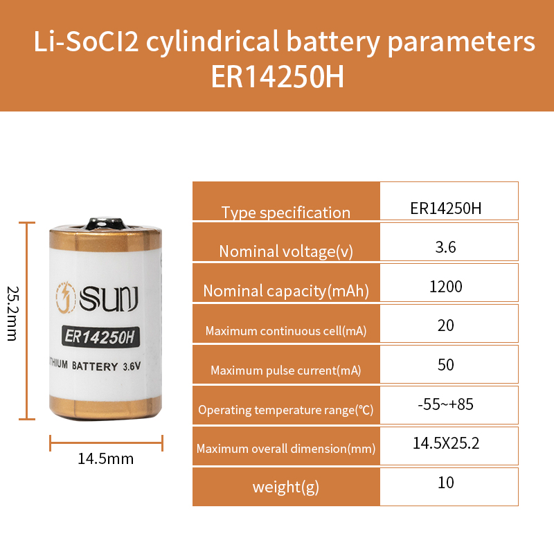 Factory Direct Supply 3.6V 1200mAh Er14250h Lithium Primary Battery Cell