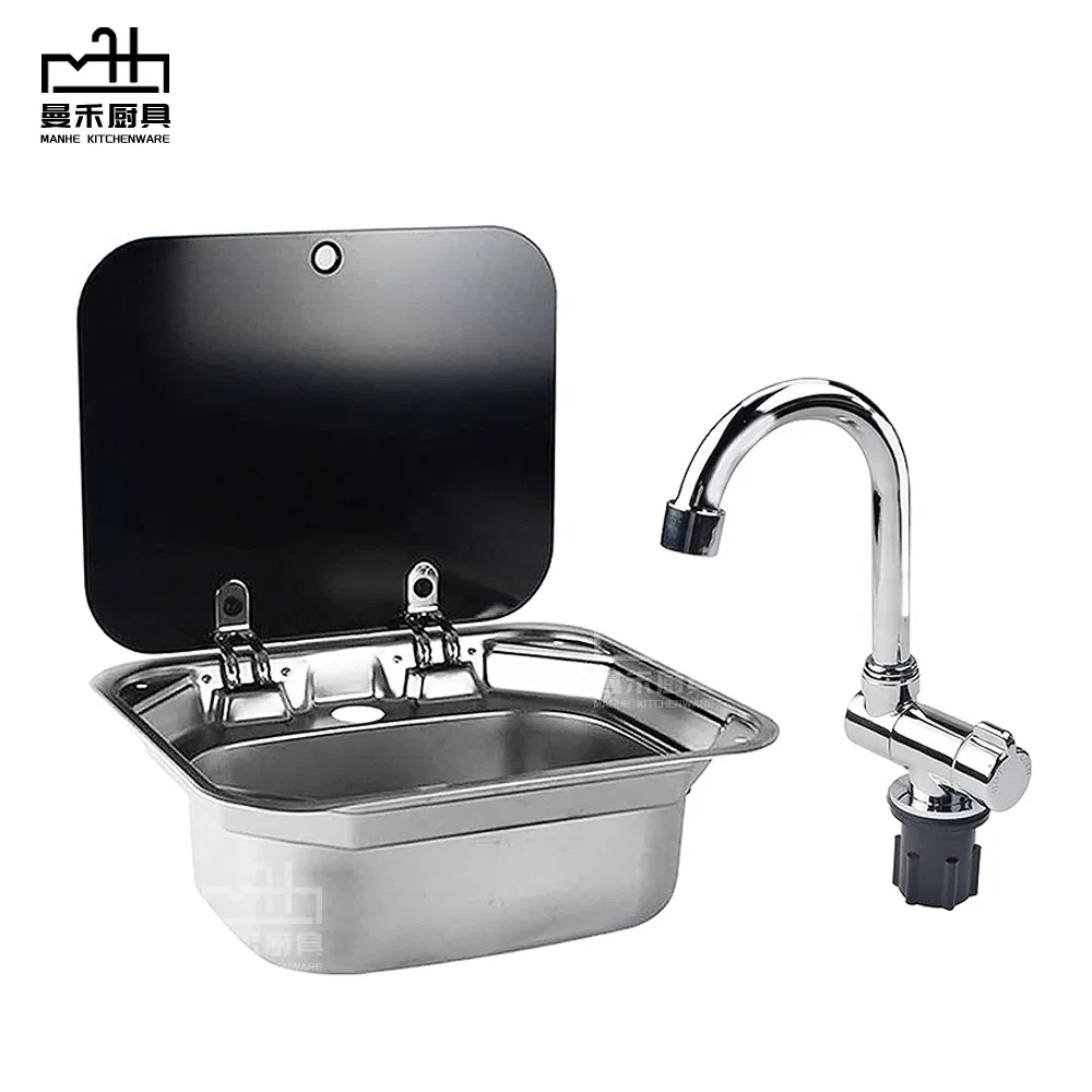 Small Stainless Steel Bar Camping Sink Portable RV Sink with Glass Cover for Camper Trailer Caravan