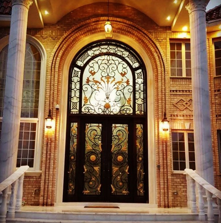 Grand Hall Wrought Iron Entry Door with Transom and Side Window