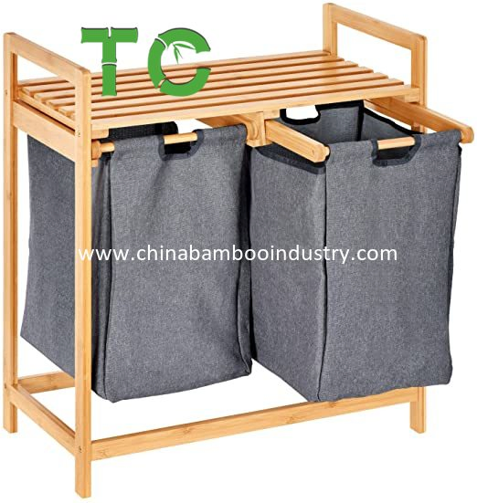 Wholesale Bamboo Laundry Hamper and Shelf 2 Sections Laundry Basket with Removable Sliding Liners Laundry Hamper Sorter