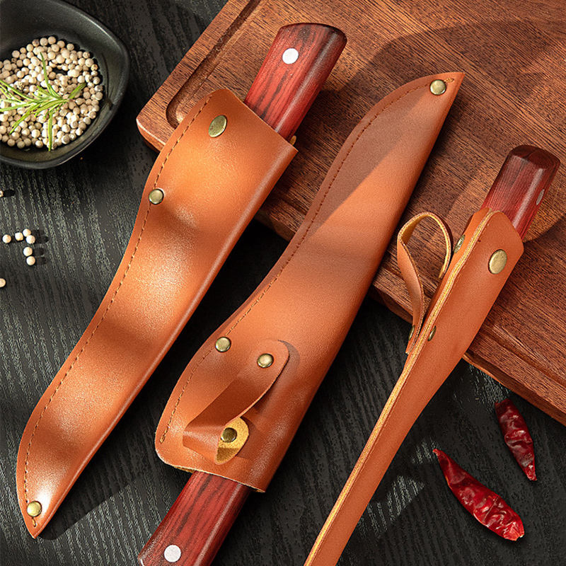 Professional Boning Knife with Leather Holster and Wood Grain Handle