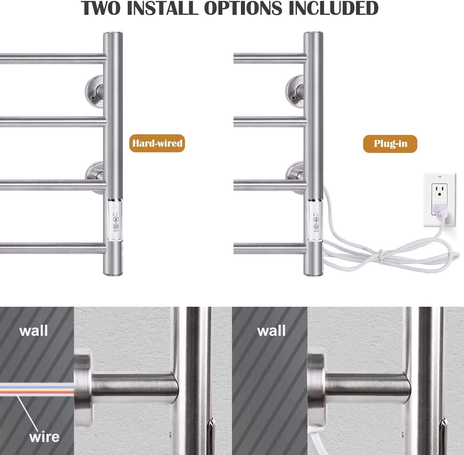 304 Stainless Steel Electric Towel Warmer for Bathroom Heated Towel Rails with Timer Wall Mounted