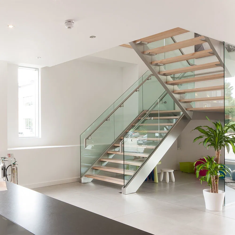 Prima Modern Double Steel Plates Glass Railing Straight Wooden Stringer Staircase