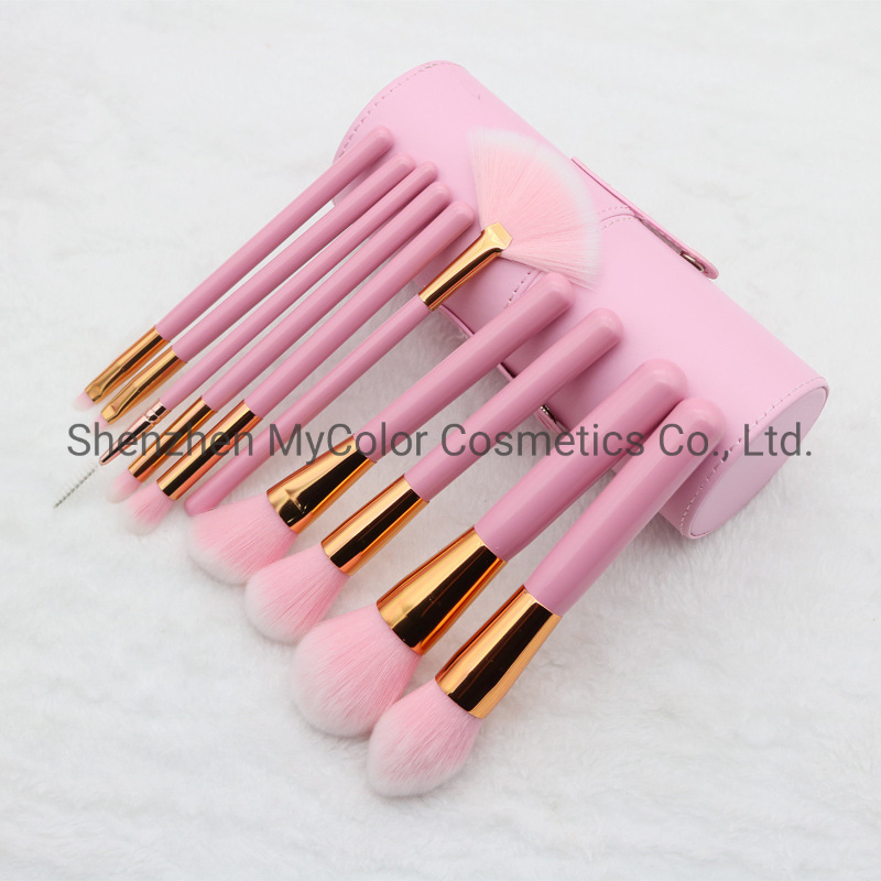 Custom Logo Makeup Brushes 10PCS Pink Brush Set Powder Fan Eyelash Curler Brush Maquiagem