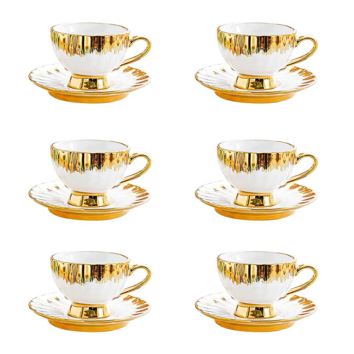 Набор керамических чашек с позолотой, 6 чашек и блюдец