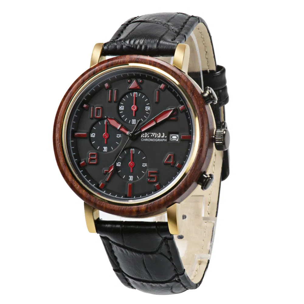 High-End Mens Watch Wood Wristwatches with Chronograph Metal Case Wood Bezel and Genuine Leather Strap
