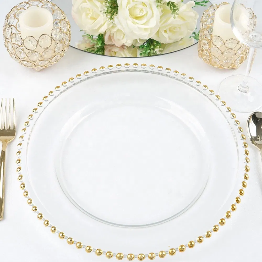Wholesale Reusable 13inch Clear Acrylic Charger Plates with Gold Beaded Rim for Wedding Birthday Dinner Tableware Plates
