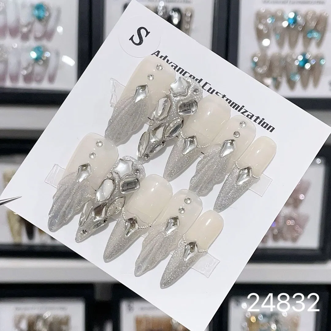 10PCS Handmade Press on Nails White Extra Long Sharp Finger Acrylic Artificial Fingernails False Nail Best-Selling Wholesale French Sparkling Rhinestone
