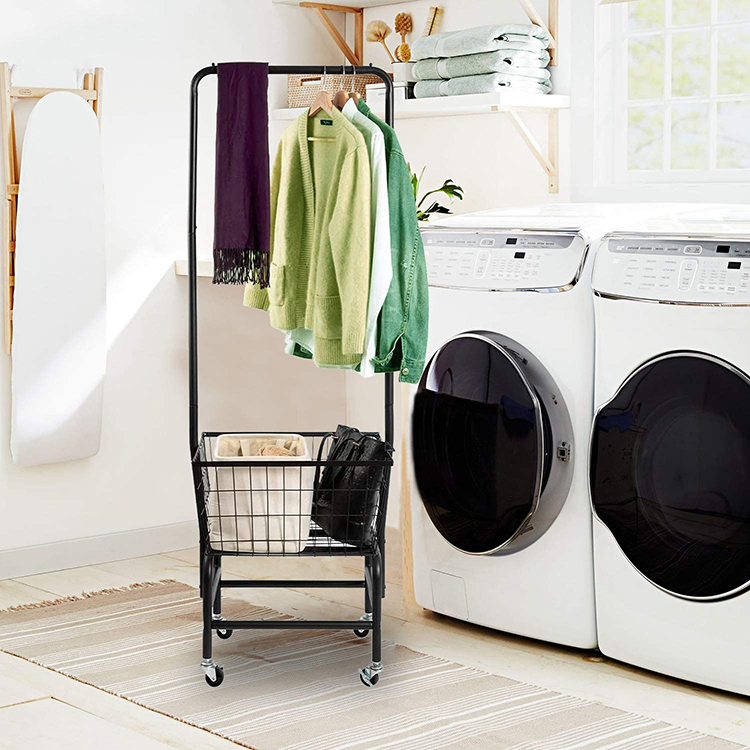 Rolling Laundry Basket Cart with Wire Storage Rack and Hanging Commercial Metal Rack Rolling Laundry Cart