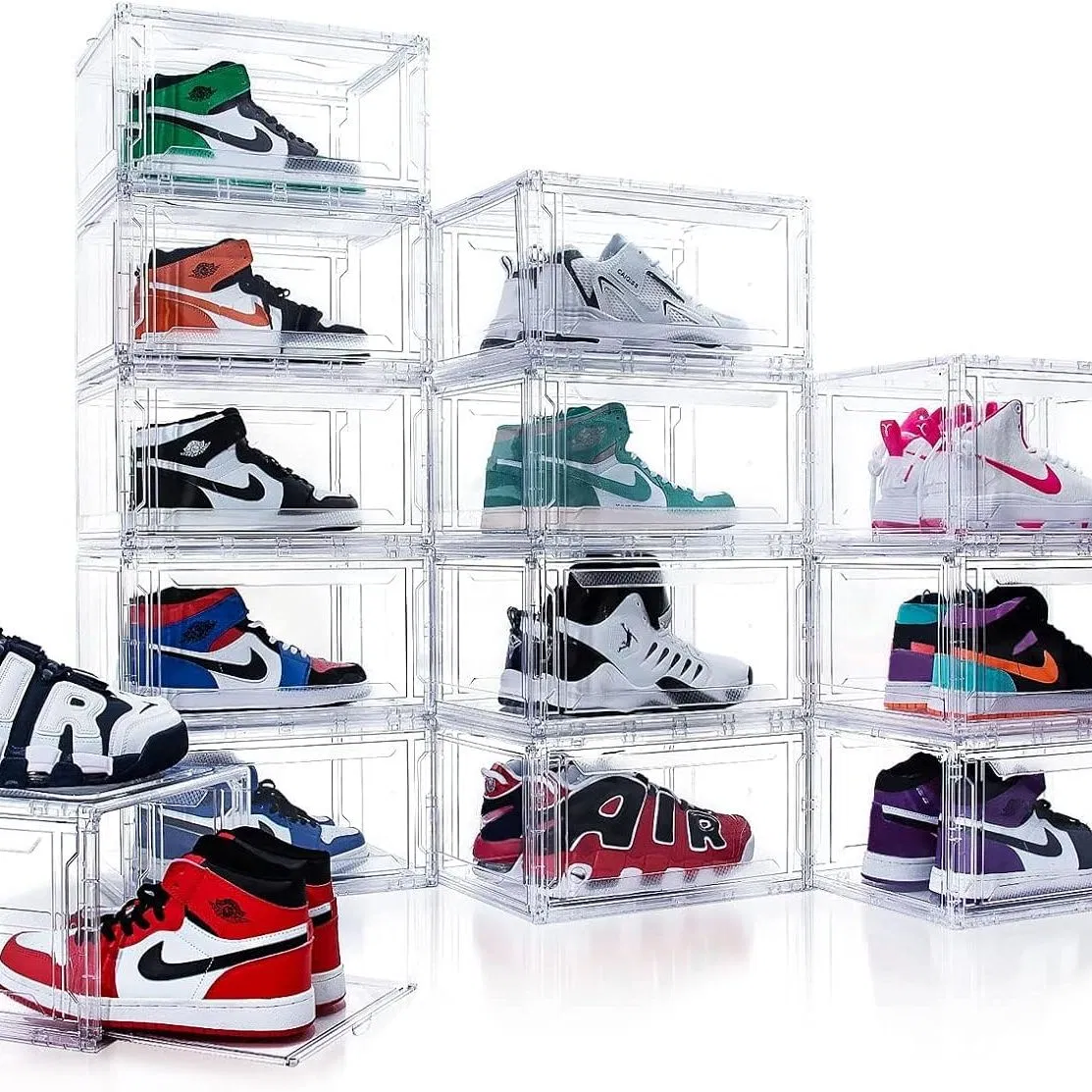 Clear Shoe Boxes Stackable Plastic Sneaker Container Magnetic Side Open Shoe Organizer
