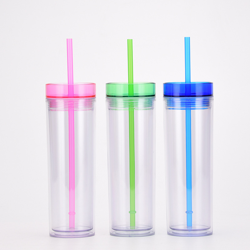Colored Acrylic Double Wall Clear Plastic Reusable Tumblers Mug Cup with Straw