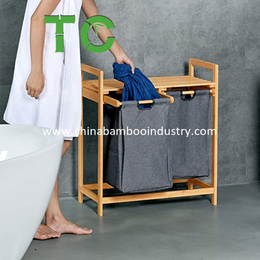 Wholesale Bamboo Laundry Hamper and Shelf 2 Sections Laundry Basket with Removable Sliding Liners Laundry Hamper Sorter