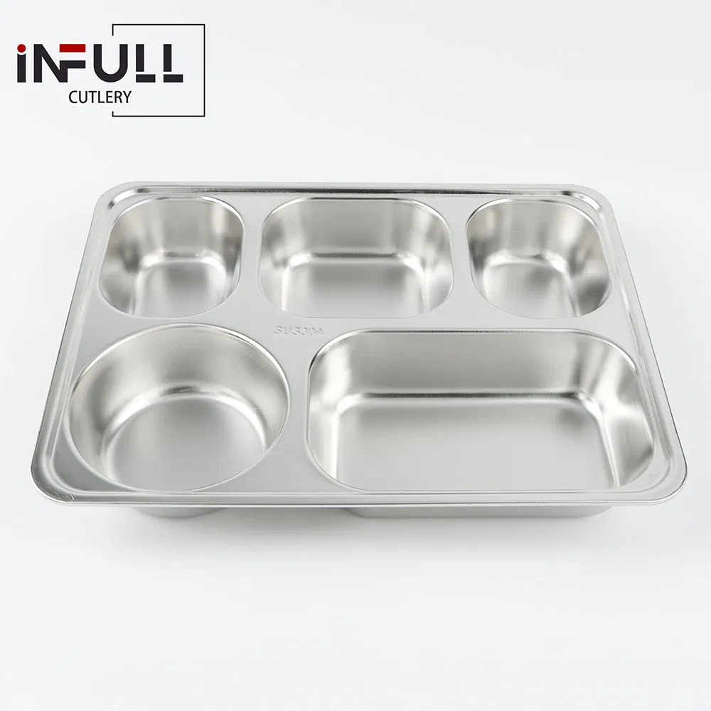 Customized Stainless Steel 304 Plate 5-Compartments Divided Food Tray with Lid