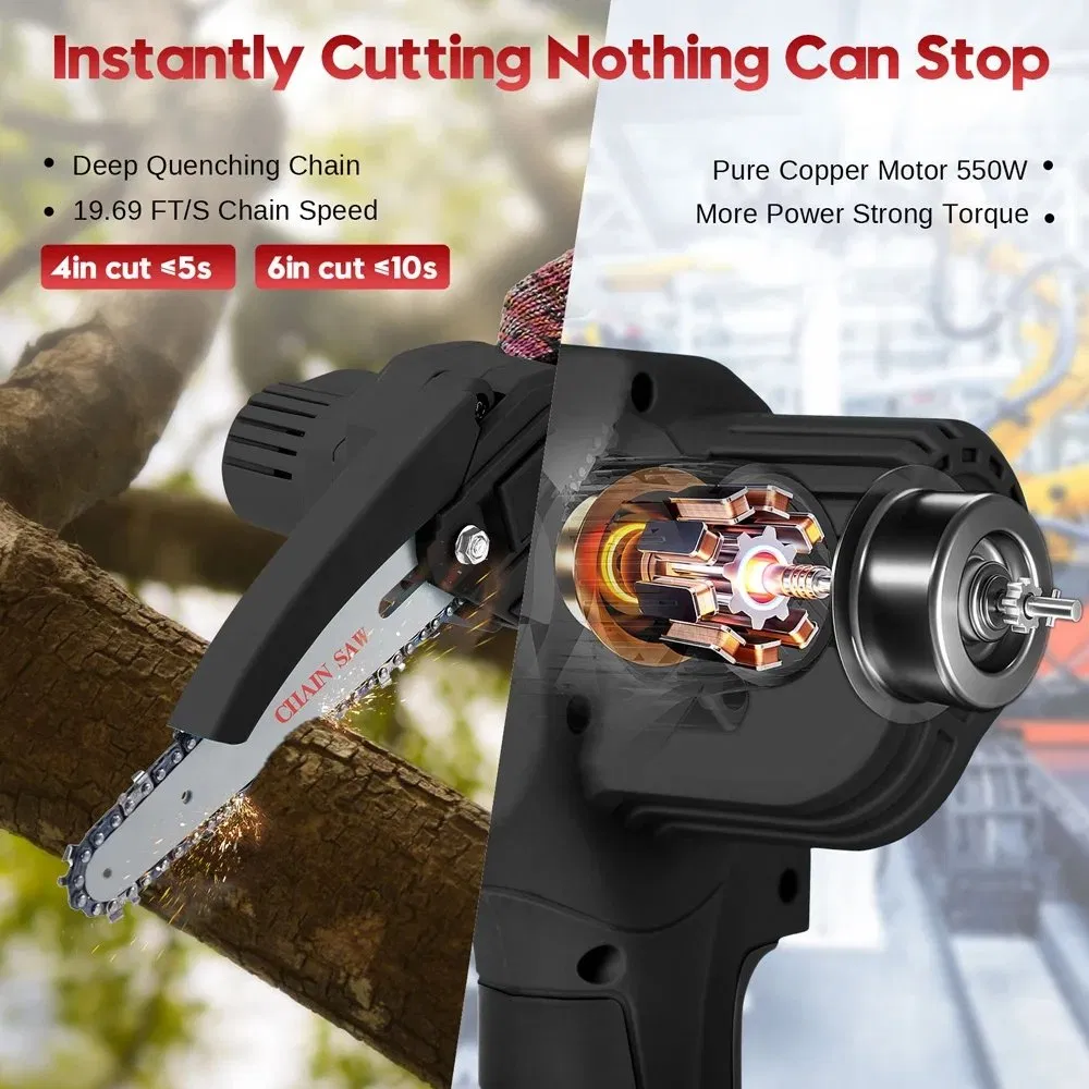 Powsawer 6 Inch Cordless Electric Chainsaw Mini Chain Saw with 2 Batteries Toolbox Handheld for Wood Cutting Garden Tree