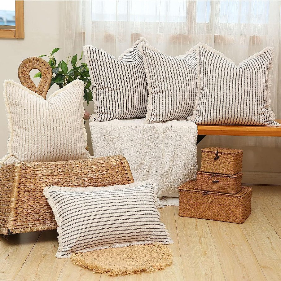 Home Decorative Farmhouse Pillowcase 18 X 18 Inch Striped Throw Pillow Covers with Fringe for Sofa Couch Bedroom