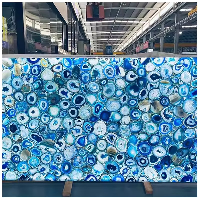 Backlit Semi Precious Blue Agate Gemstone Slabs for Countertops and Vanity Tops