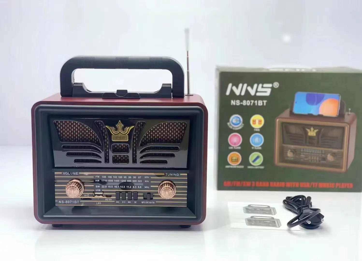 Ретро радио NS-8071BT с Bluetooth, деревянный корпус