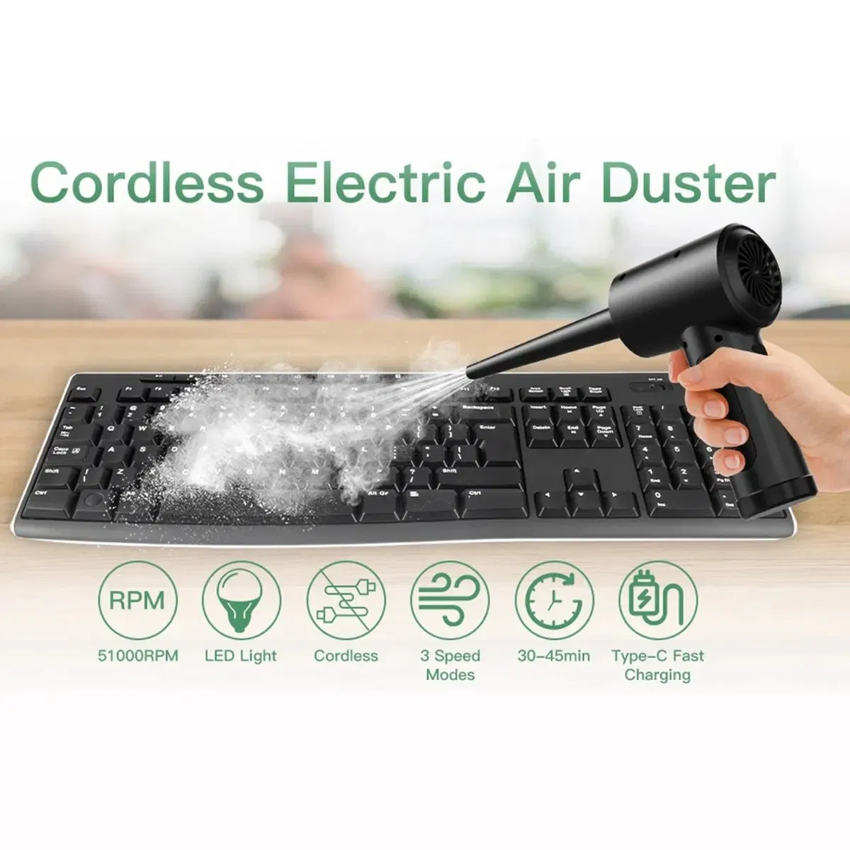 Air Duster for Computers Portable Cordless Air Blower Computer Cleaning with LED Light for PC Keyboard Crumbs Car