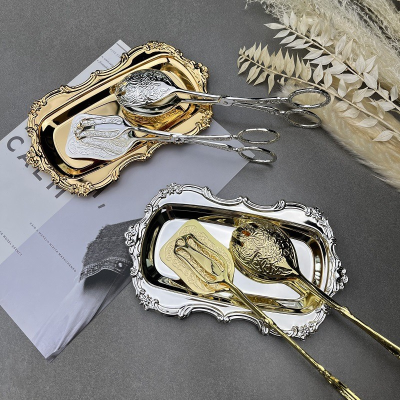 Rectangular Golden Tray with Floral Design on The Edges, Suitable for Home Decoration