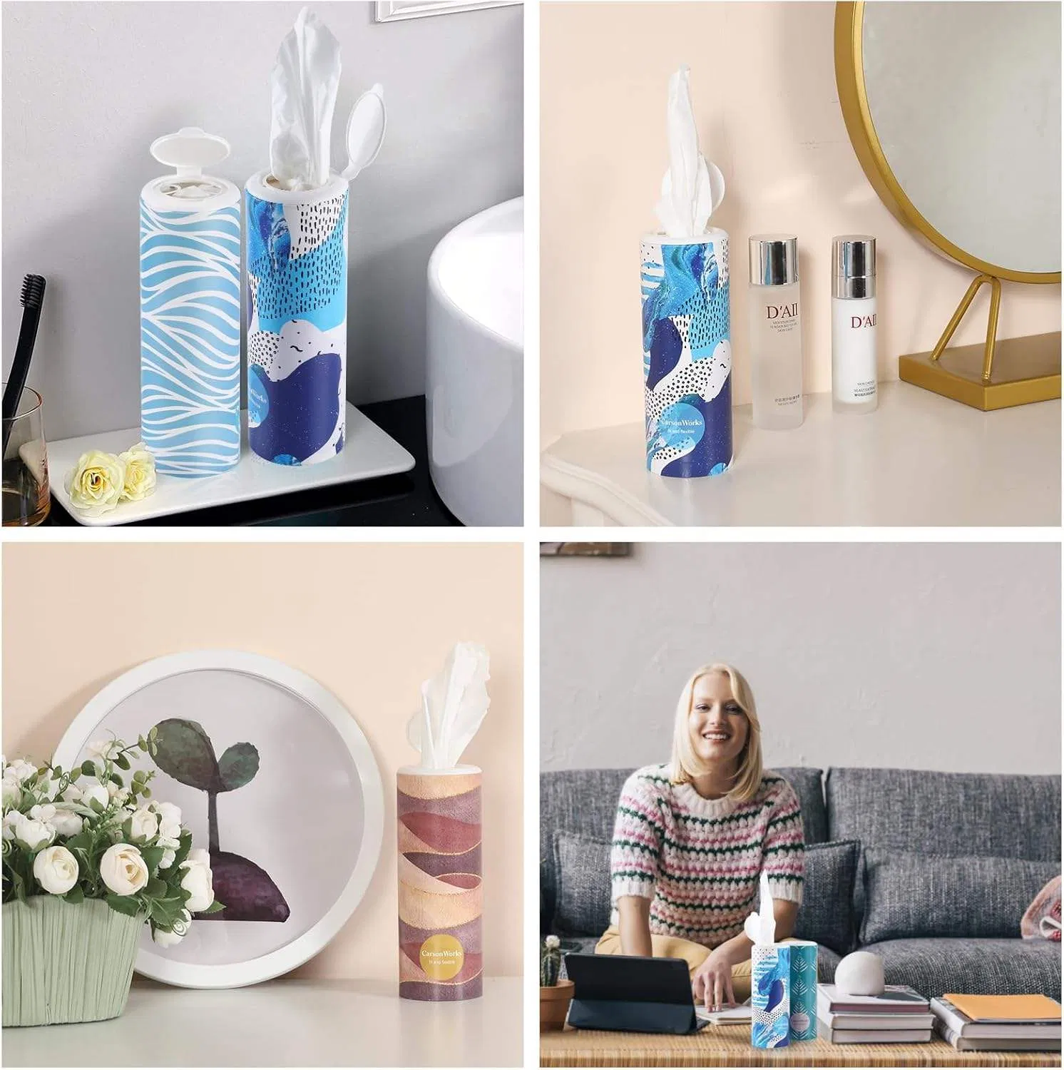 Tissues Small Cylinder Dispenser with Car Cup Holder Facial Tissues