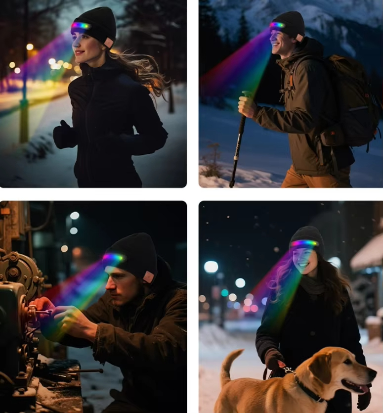 Rechargeable LED Light-up Bluetooth 5.0 Music Beanie Winter Unisex Knitted Cap Night Running LED Bluetooth Music Headset Hat for Outdoor Sports