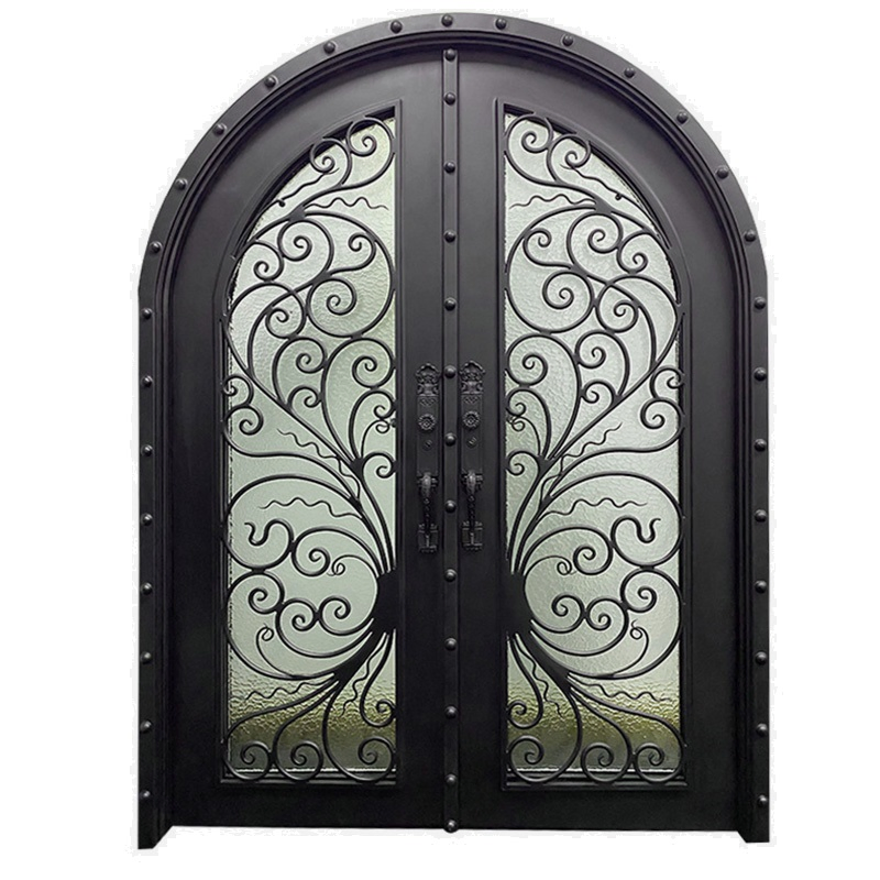 Golden Color Glass Steel Door with Pillar Residential Customized Design Steel Glass Transom Wrought Iron Doors