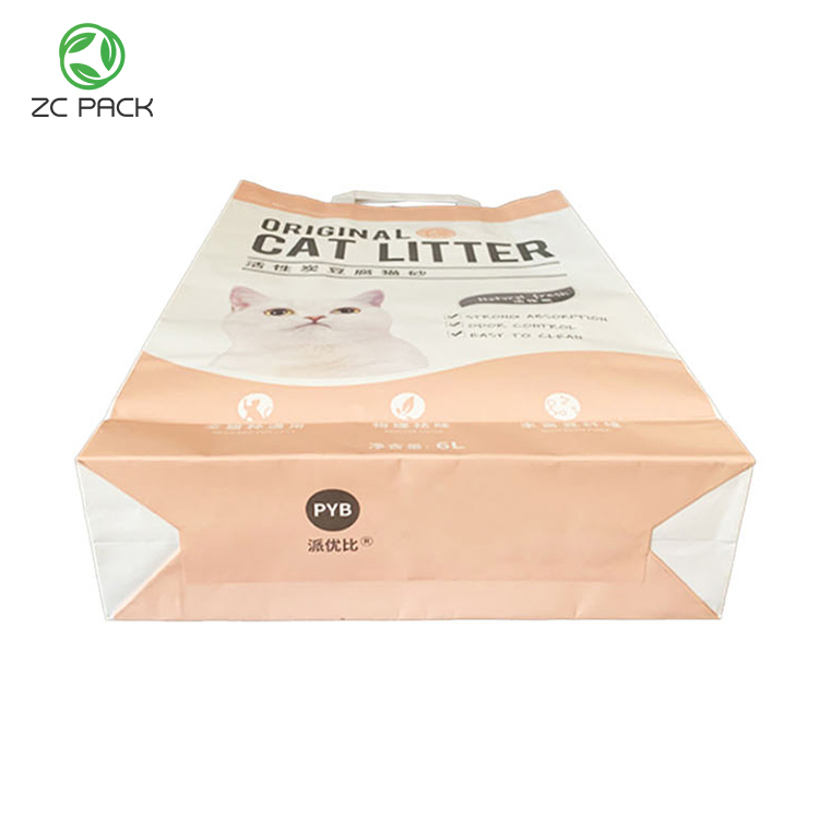 Biodegradable Reusable Food Grade Gift Garbage Promotional Shopping Paper Pouch Cat Litter Pet Food White Brown Kraft Paper Handle Bag Packaging Paper Bag
