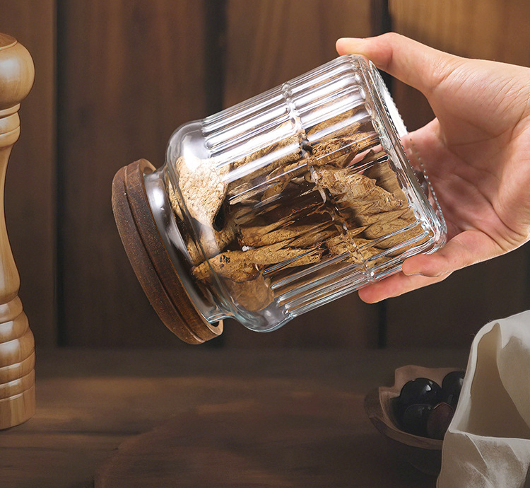 1000ml Vintage Carved Embossed Glass Candy Jar Transparent Kitchen Sealed with Wooden Lid