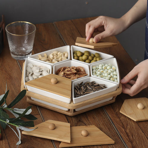 Serving Bowls with Bamboo Cover 7 Girds Bamboo Snack Dessert Serving Platter