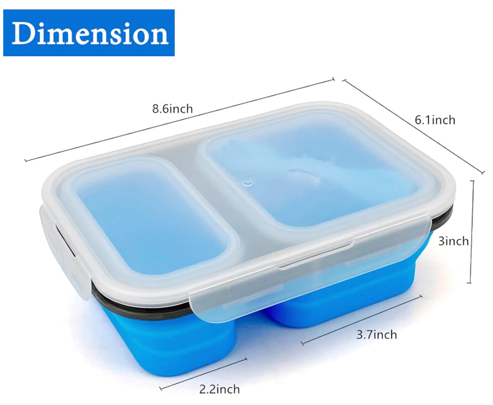 2 Compartments Collapsible Silicone Lunch Box with 2 in 1 Spoon & Fork