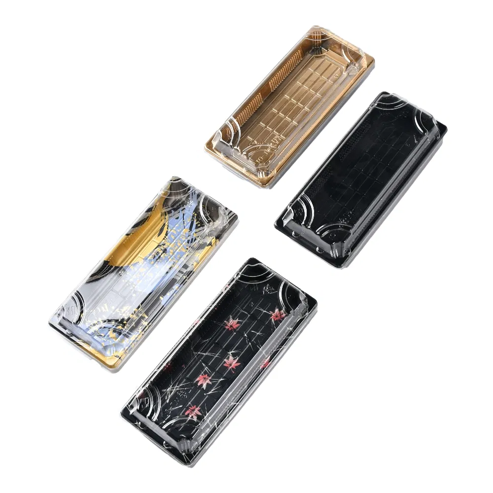 Food Grade High Quality Gold Sushi Food Packaging Disposable Leakproof Rectangular Food Container Plastic Takeaway Sushi Tray with Lid