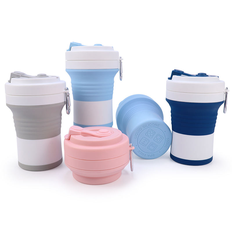 Reusable Collapsible Foldable Travel Eco-Friendly Silicone Coffee Mug Water Cup with Lid and Straw