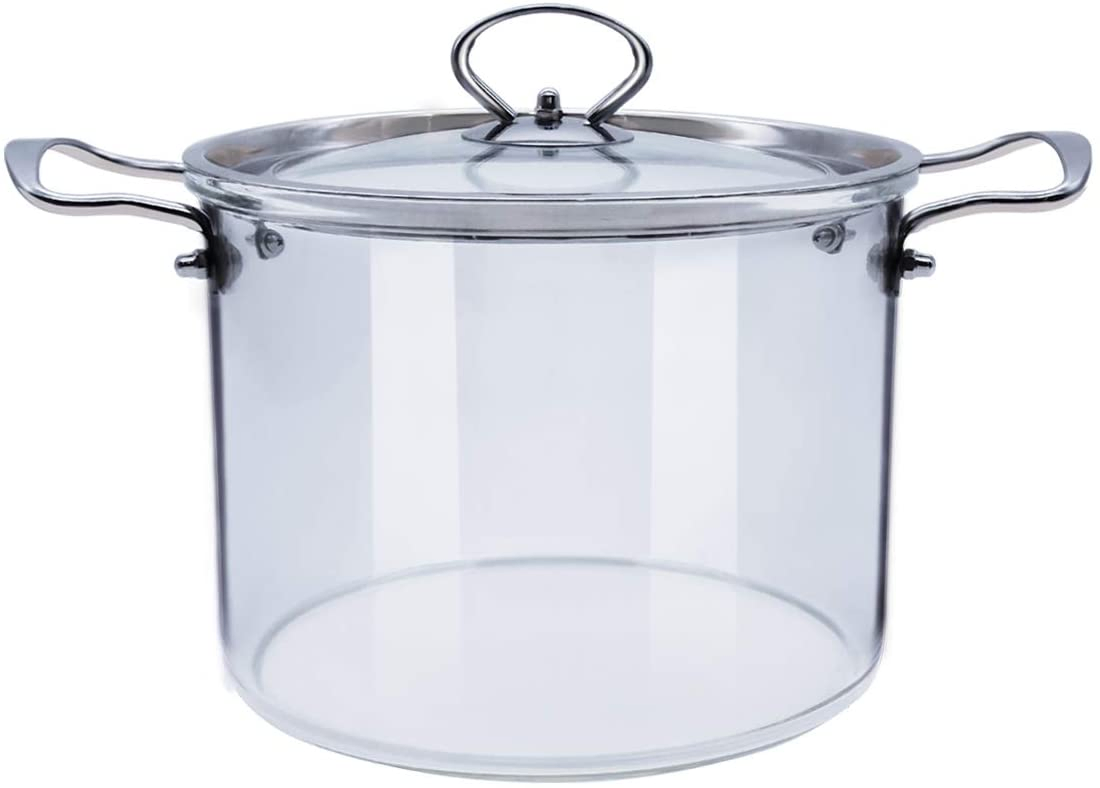 High Borosilicate Large Size 5L Glass Housewares Cookware with Stainless Steel Double-Ear Pyrex Glass Soup Noodle Cooking Pot Direct Fire Use Not Broken