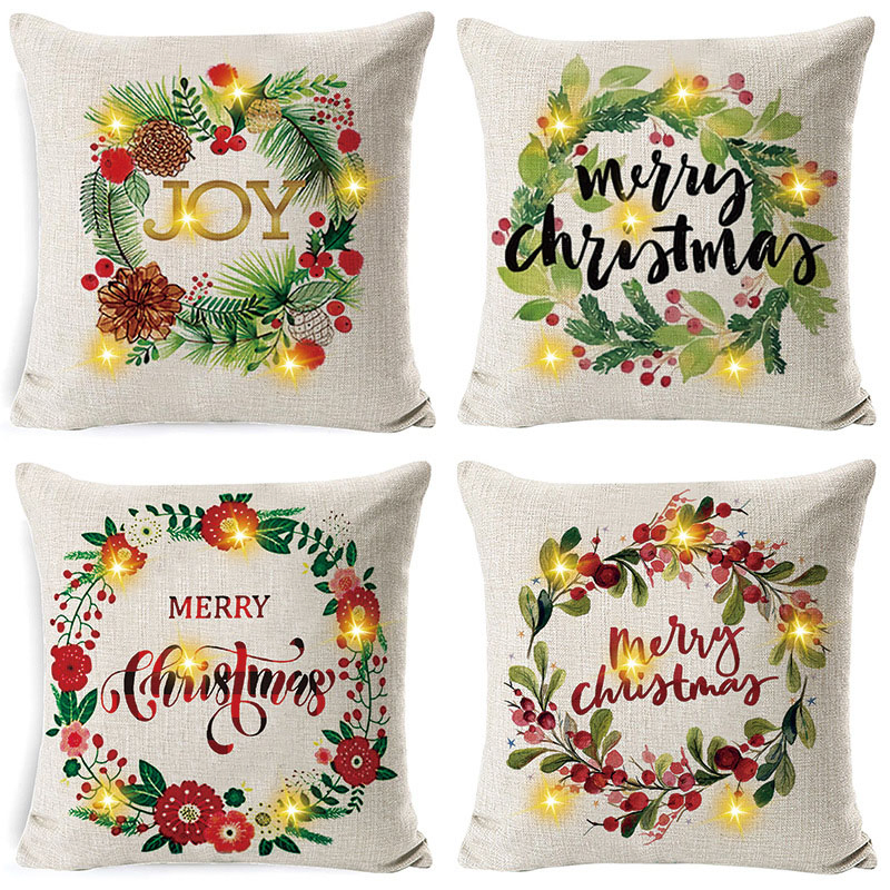 Christmas Decorative Square Throw Pillow Cover Cushion Cover with Light