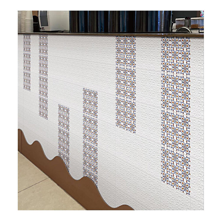 3D Flower Porcelain Drawing Room Wall Border White and Gold Tiles
