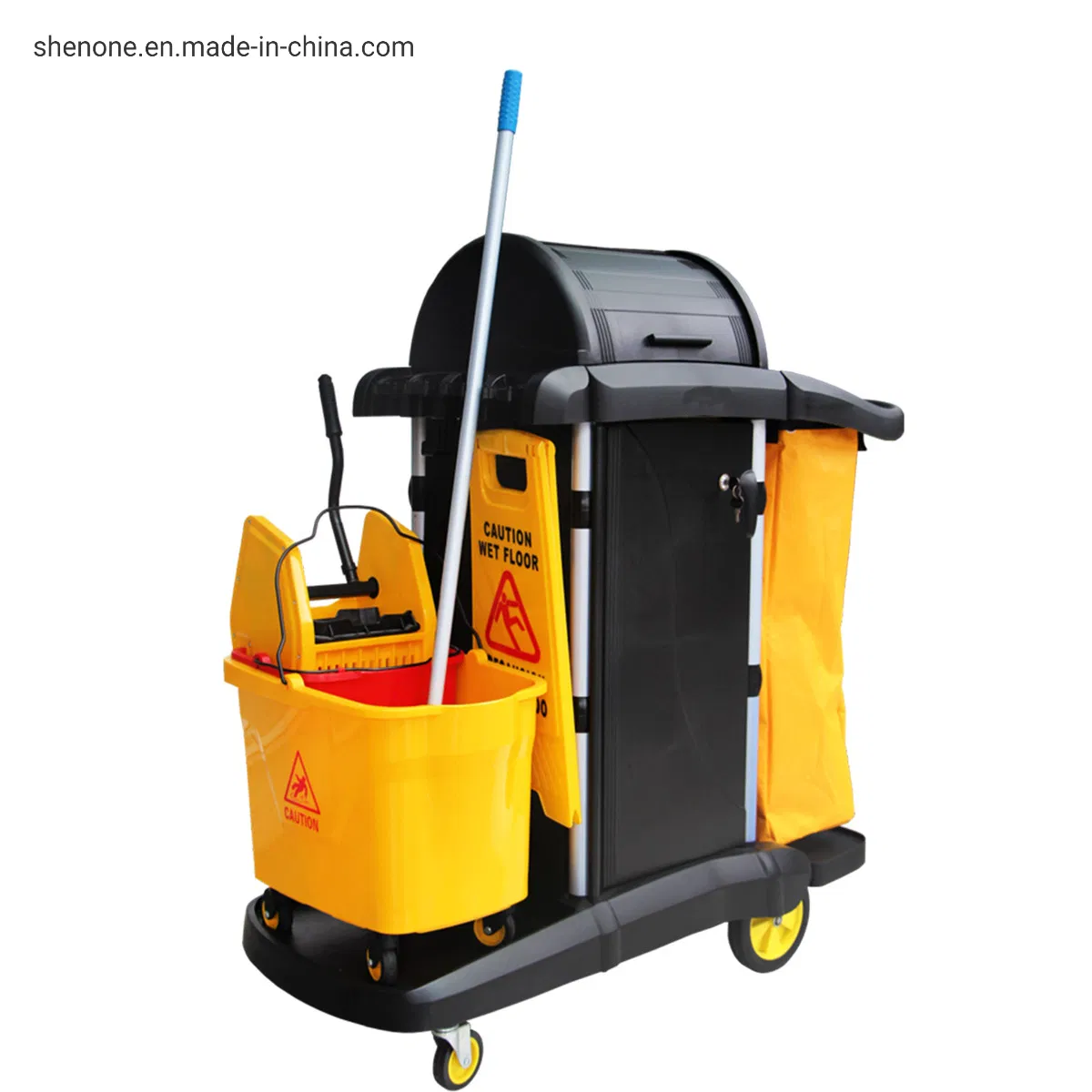 Shenone Best Quality Plastic Multipurpose Hotel Airport Shopping Mall Cleaning Trolley with Sliding Door and Down Press Wringer Bucket