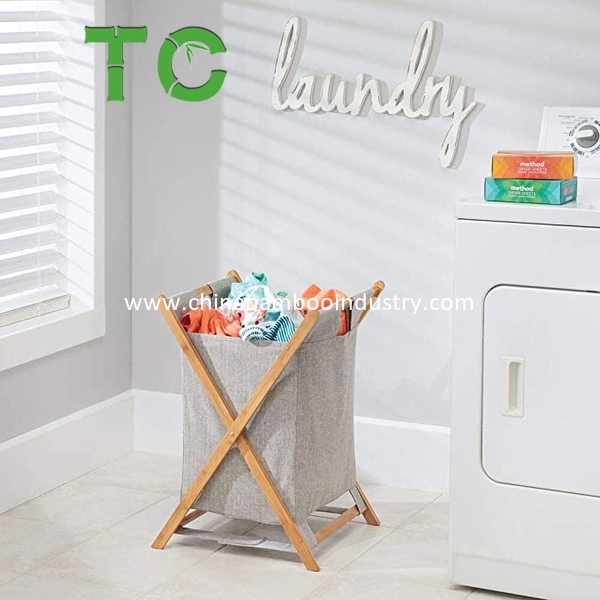 Wholesale Bamboo X Frame Laundry Hamper Storage Clothes Basket Storage Laundry Hamper Sorter Cart, Portable and Collapsible Laundry Basket