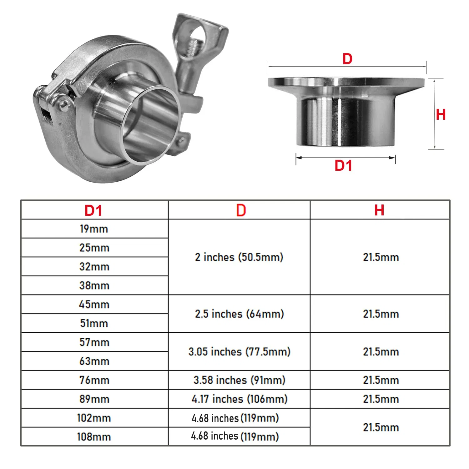 0.5" 1.5" 2" 3" 4" 5" 6" 8" 10" Tri Clamp Set SUS 304 Stainless Sanitary Assembly Weld Ferrule Pipe Fitting Homebrew