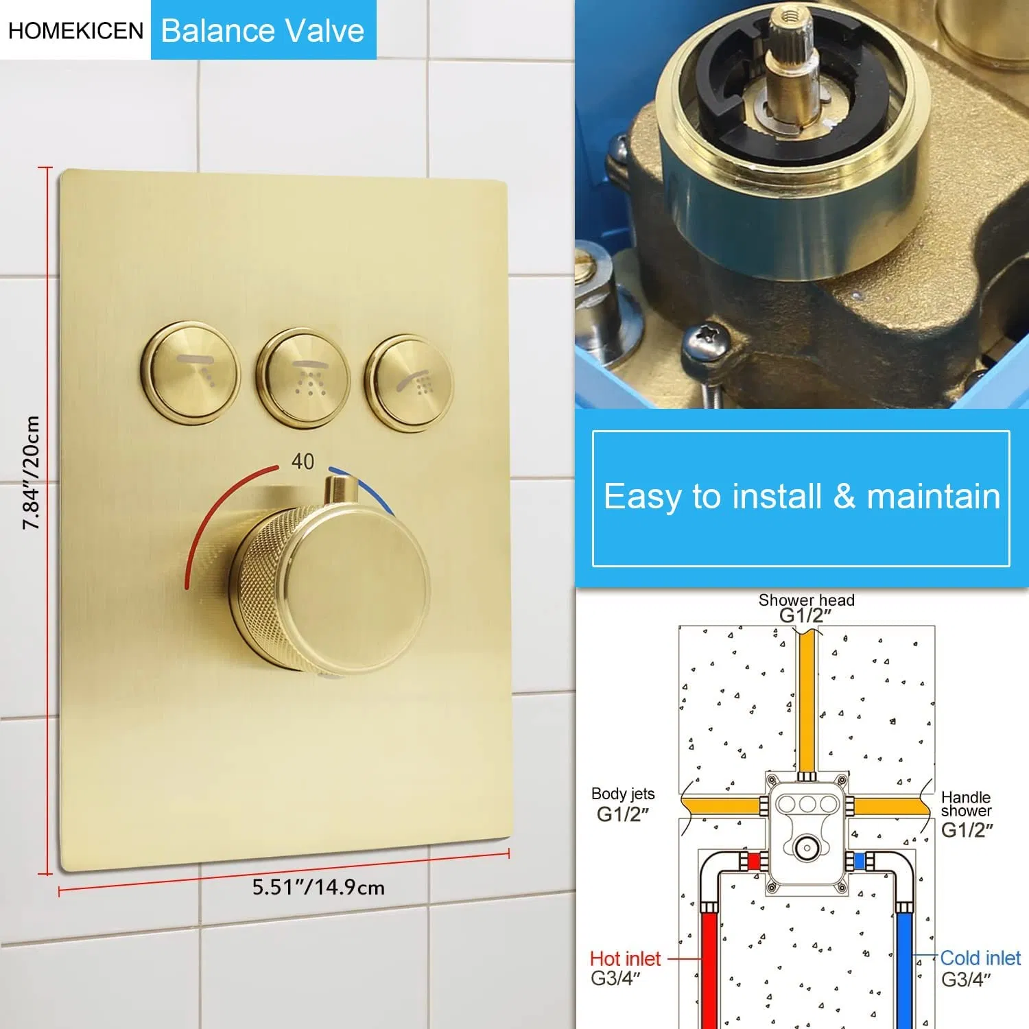 Luxury Brushed Gold Rainfall Concealed Shower System - 12 Inch Wall Mount Round Rain Faucet Set with Handheld Spray and Jets Combo, Thermostatic Brass Valve