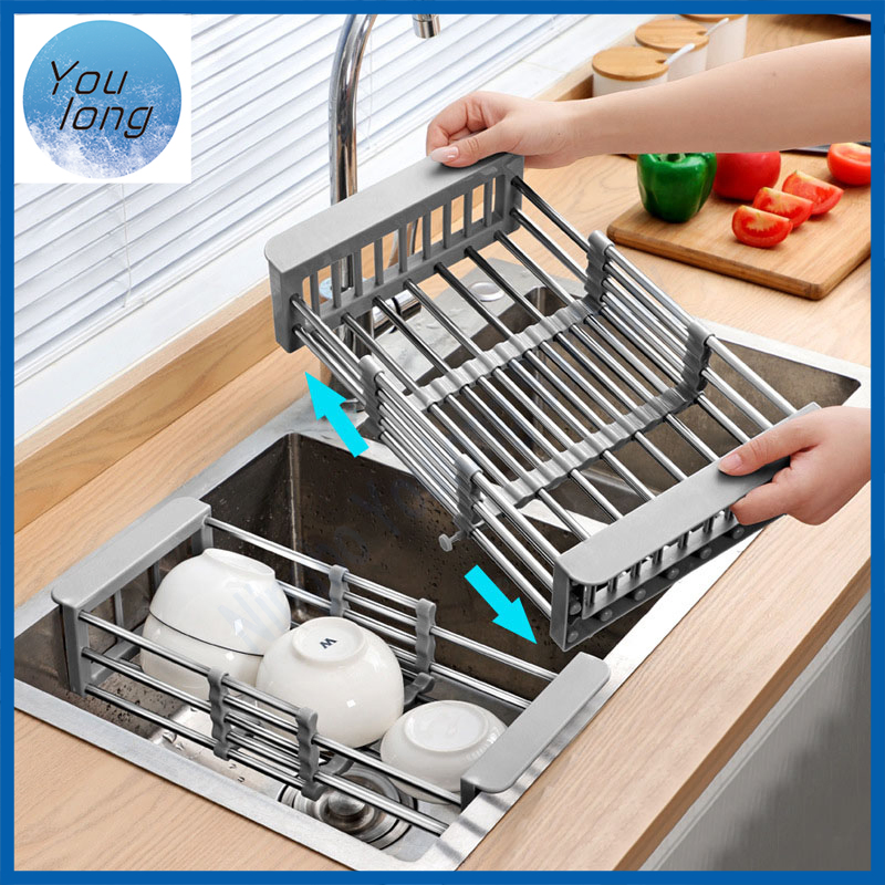 Extensible Adjustable Stainless Steel Bowl Drainer Basket Dishes Drying Sink Basket Rack