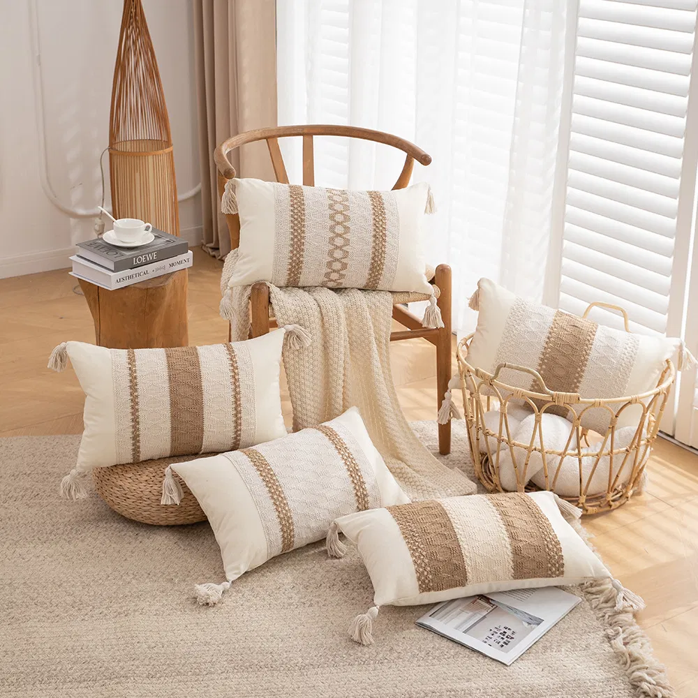 Home Decoration Jute Tape Throw Pillow High Quality Luxury Living Room Sofa Bed Cushion with Texture Tassels Hot Sale Pillowcase