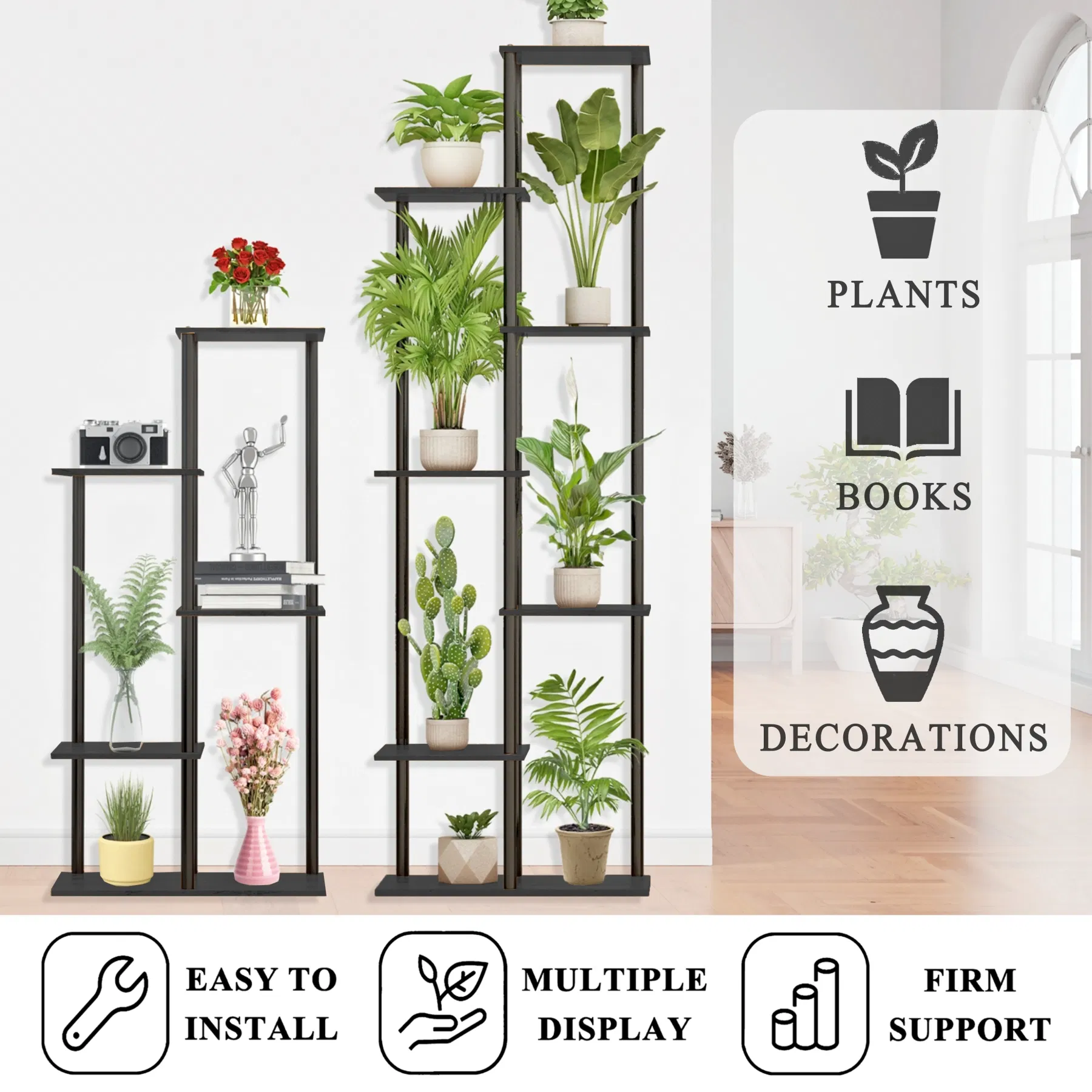 7 Tier Indoor Corner Steel Wood Black Plant Shelf Flower Stand
