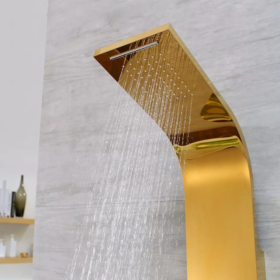 Wholesales Polished Finishing Shower Column Waterproof SUS 304 Stainless Steel Shower Panel in Golden Mirror Color