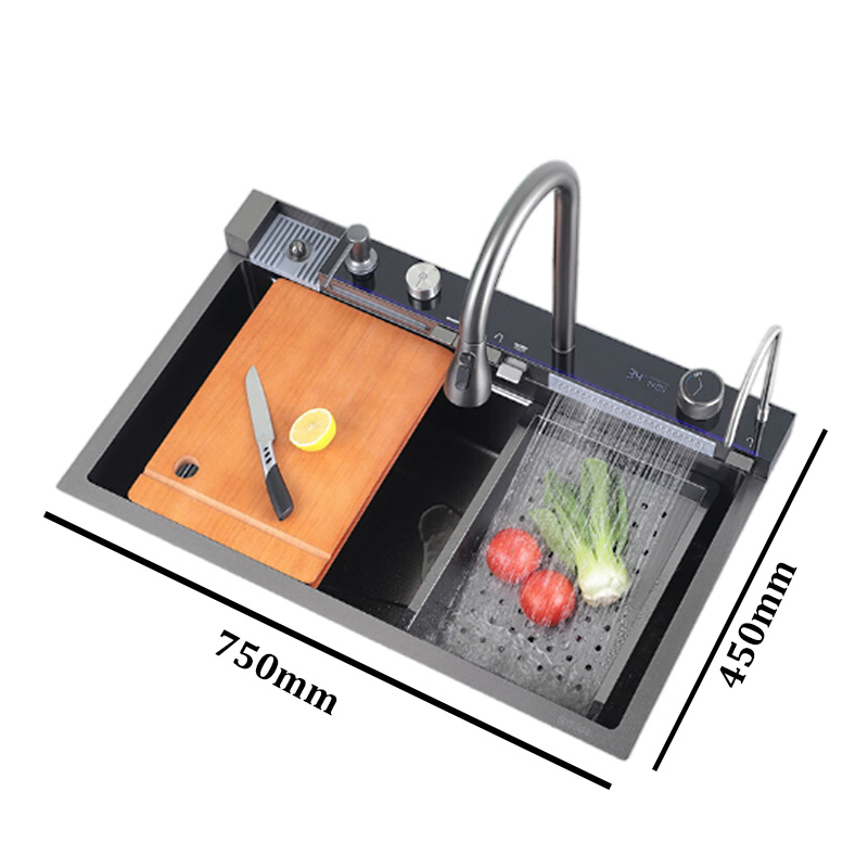 Modern Smart LED Digital Waterfall Stainless Steel Double Bowl Black Kitchen Sink Fregadero De La Cocina