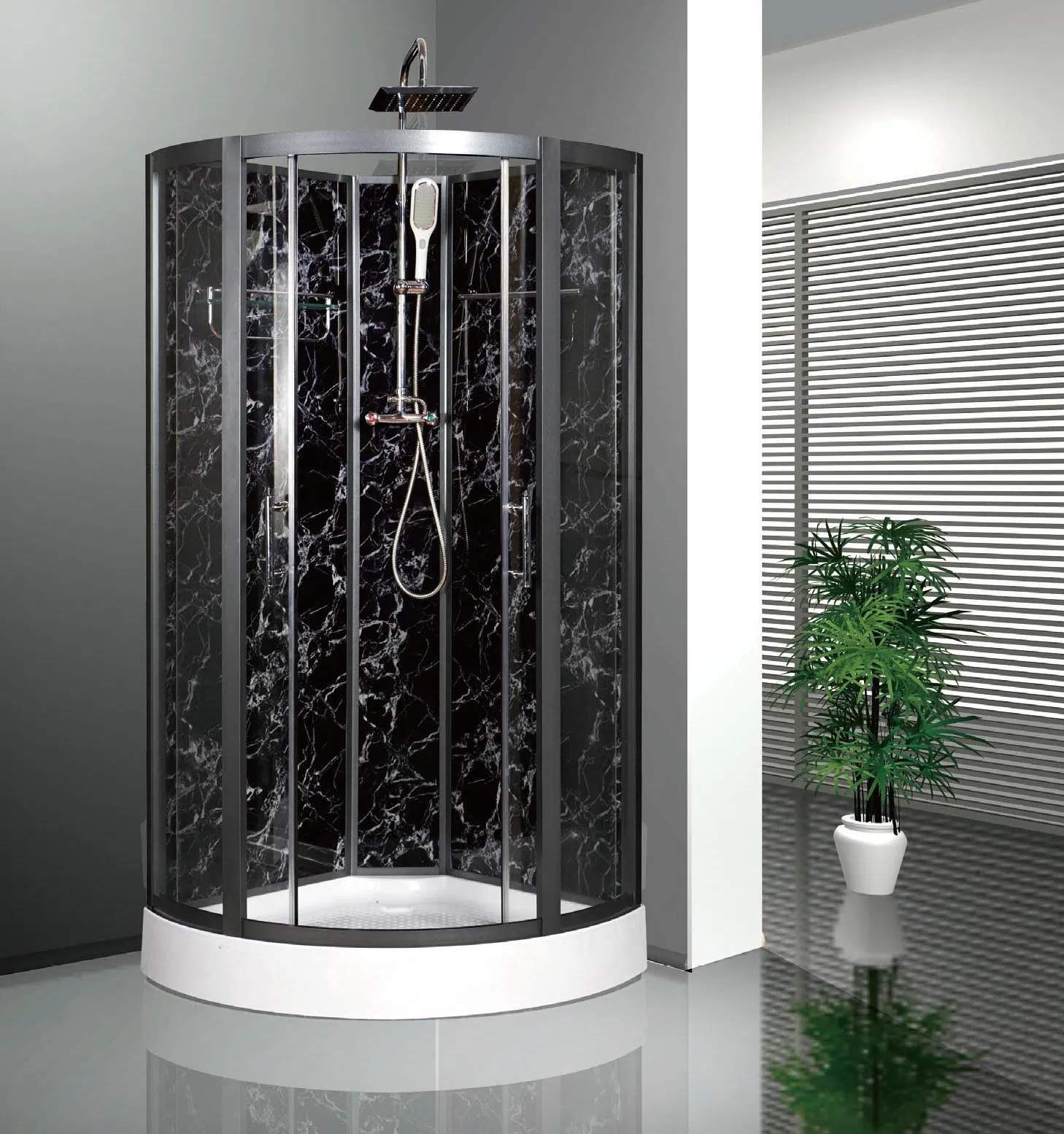 Black Marble Tempered Glass Grey Alumium Sliding Faucet Shower Enclosure