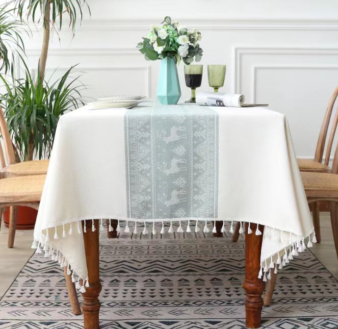 Christmas Reindeer Jacquard Polyester Table Runner with Tassels for Home, Festivals