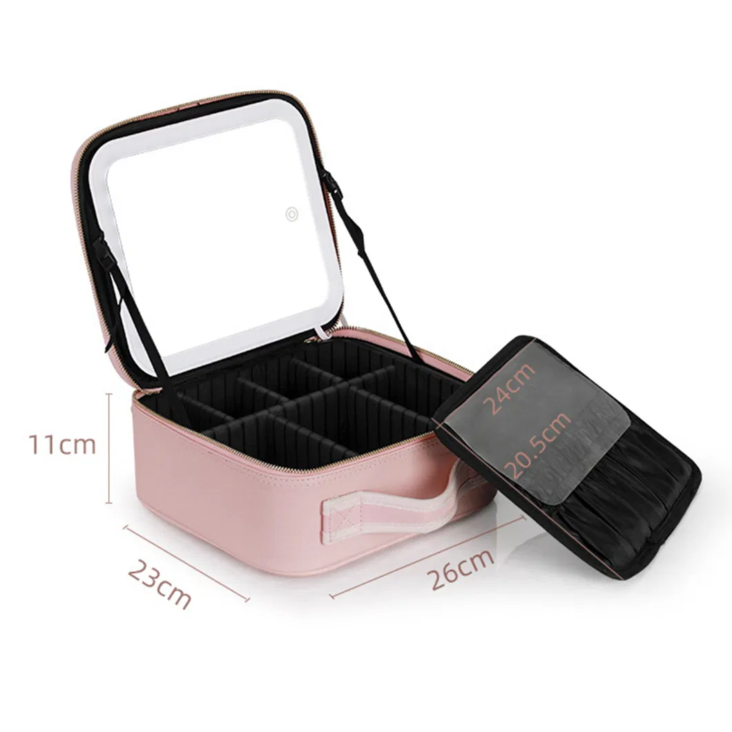 3 In1 PU Leather Portable Travel Makeup Bag Case Make up Bag with LED Light Mirror with Handle